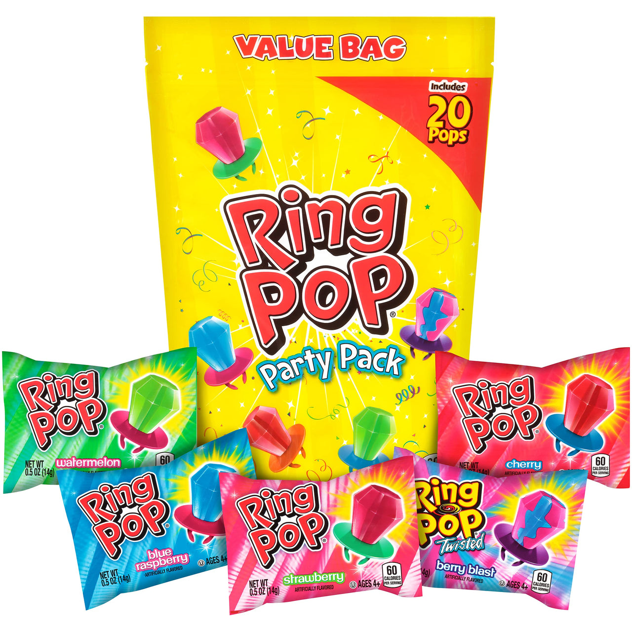 Ring Pop Individually Wrapped Bulk Lollipop Variety Party Pack  20 Count Lollipop Suckers W/ Assorted Flavors - Easter Assorted Candy - Fun Easter Candy For Easter Decorations, Baskets & Egg Hunts