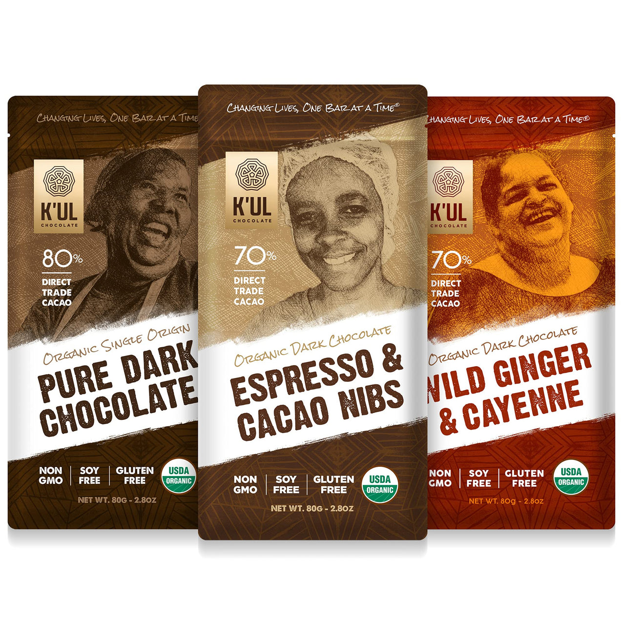 K'UL Chocolate Bars | 3 Pack Dark Chocolate 70+80% Cacao | Espresso & Cacao + Pure Dark Chocolate + Wild Ginger | Organic, Vegan Chocolate, Gluten Free, Soy Free, Non-GMO, Bean-to-Bar, Fair Trade Dark Chocolate