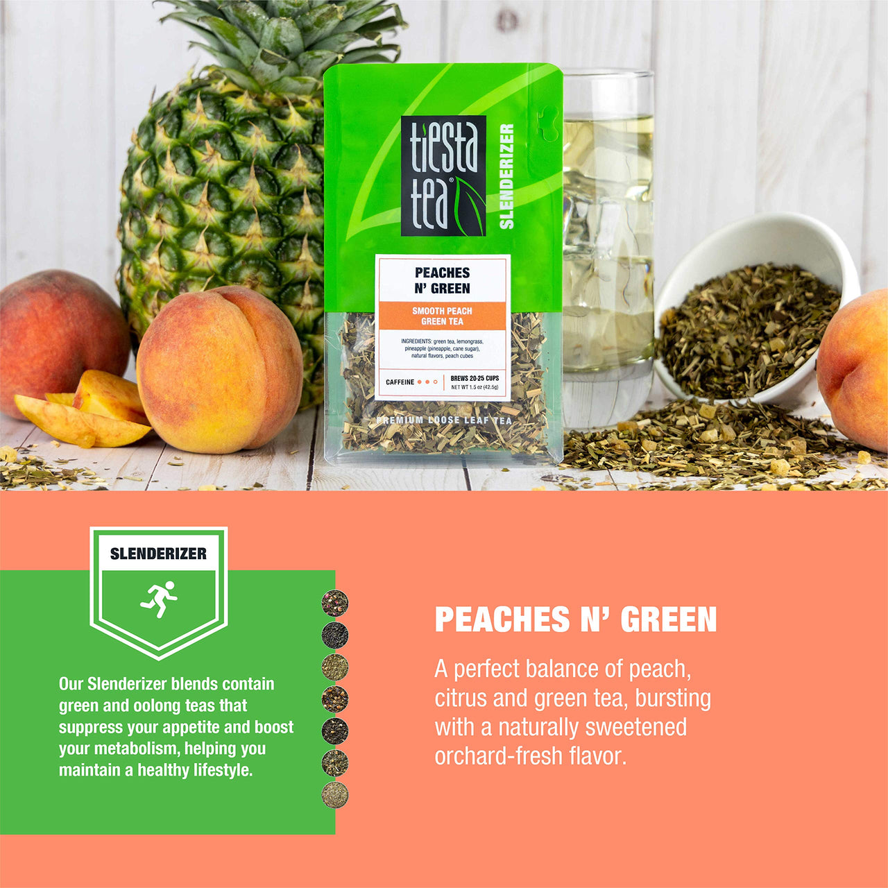 Tiesta Tea - Peaches N Green, Loose Leaf Smooth Peach Green Tea, Medium caffeine, Hot & Iced Tea, 1.5 oz Pouch - 25 Cups, Green Tea Loose Leaf