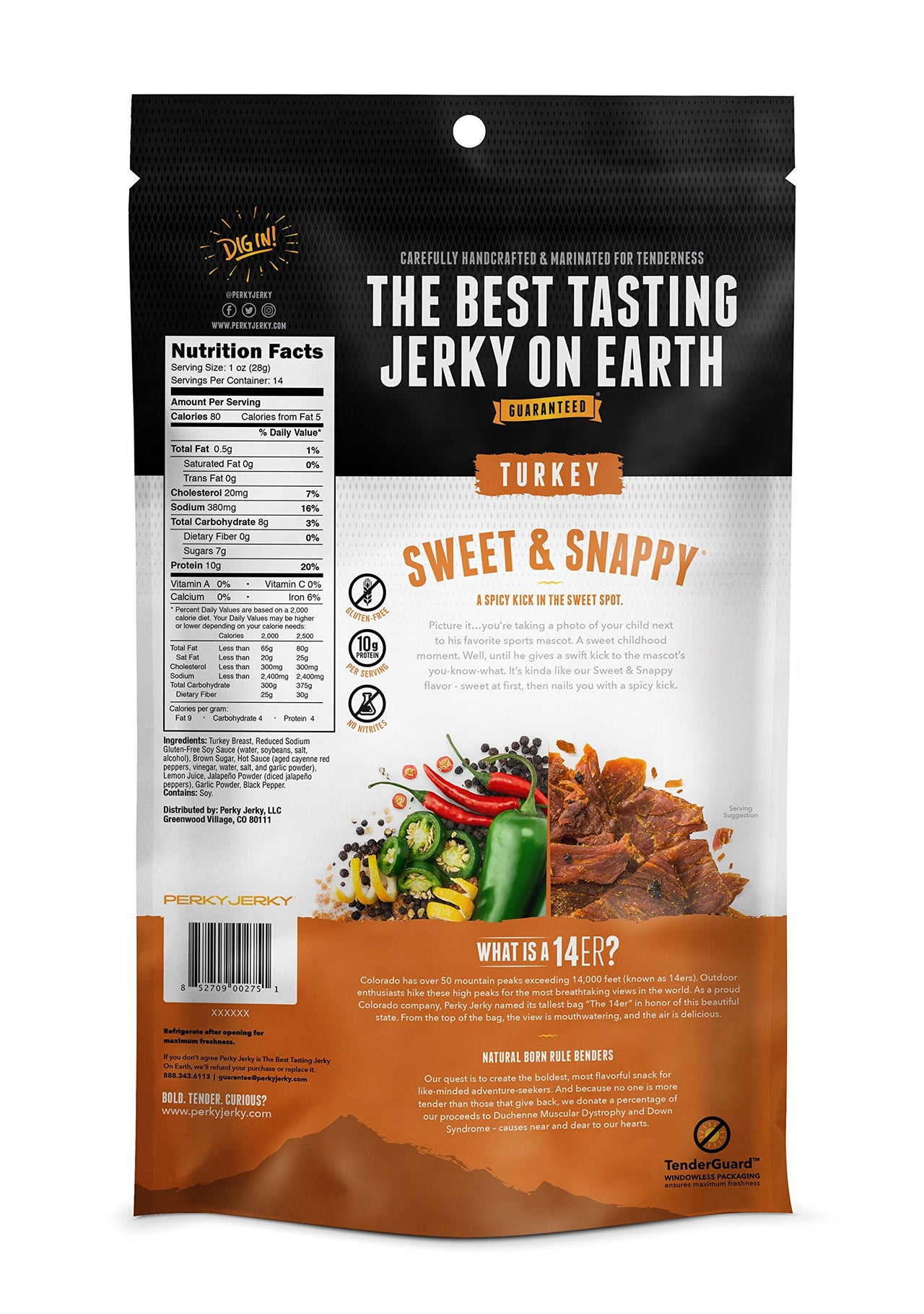 Perky Jerky Sweet and Snappy Turkey Jerky, 14oz - Low Sodium - 10g Protein per Serving - Low Fat - 100% U.S. Sourced - Tender Texture and Bold Flavor