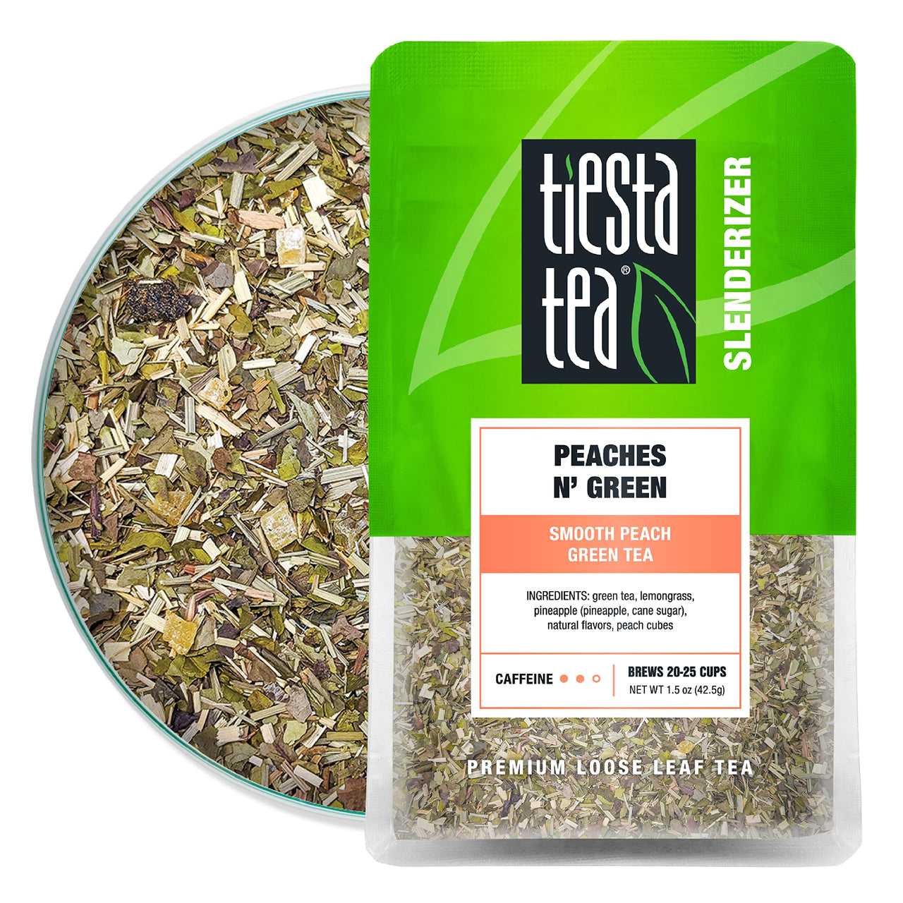 Tiesta Tea - Peaches N Green, Loose Leaf Smooth Peach Green Tea, Medium caffeine, Hot & Iced Tea, 1.5 oz Pouch - 25 Cups, Green Tea Loose Leaf