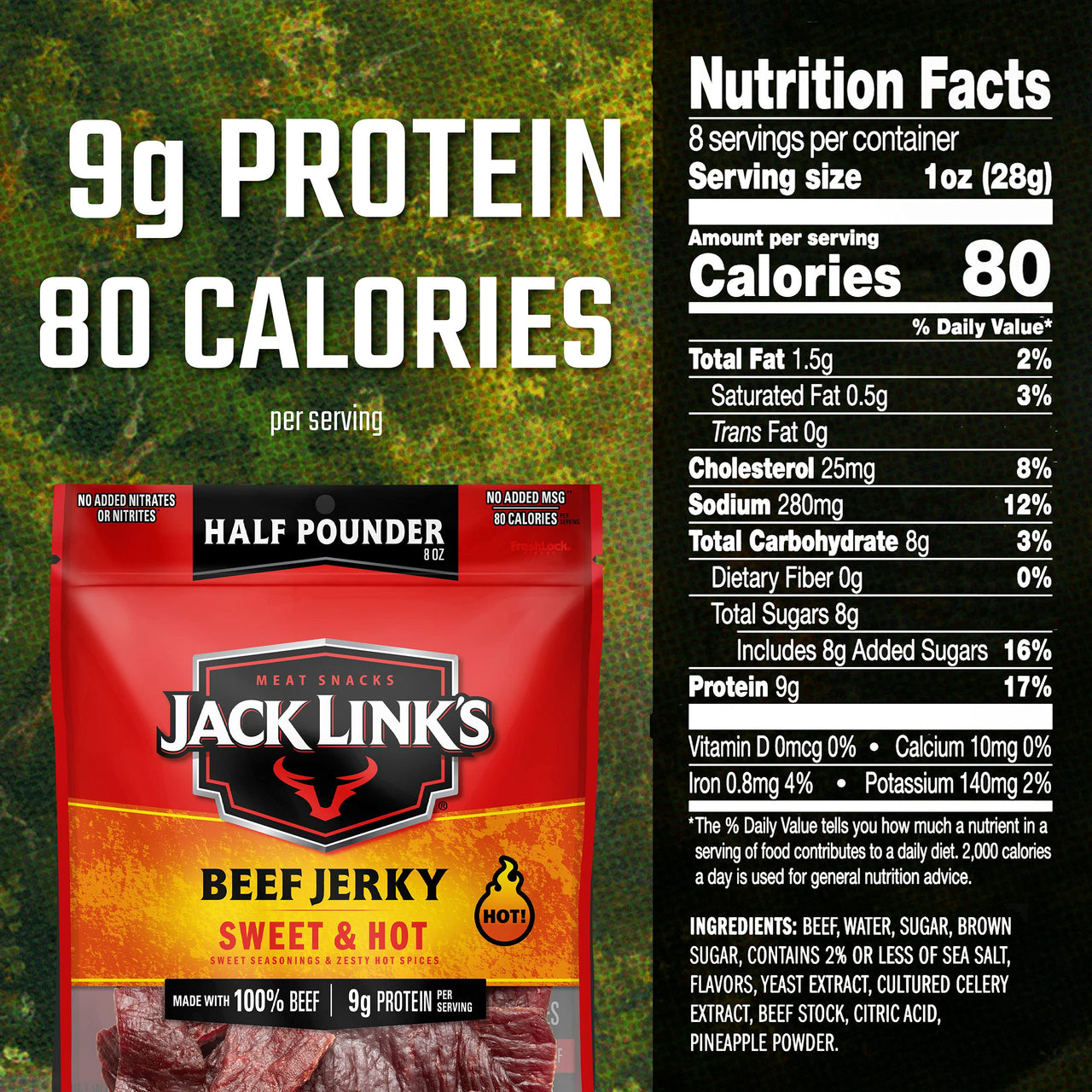 Jack Link's  Beef Jerky, Sweet & Hot,  Pounder Bag - Flavorful Meat Snack, 9g of Protein and 80 Calories, Made with Premium Beef - 96 Percent Fat Free, No Added MSG or Nitrates/Nitrites