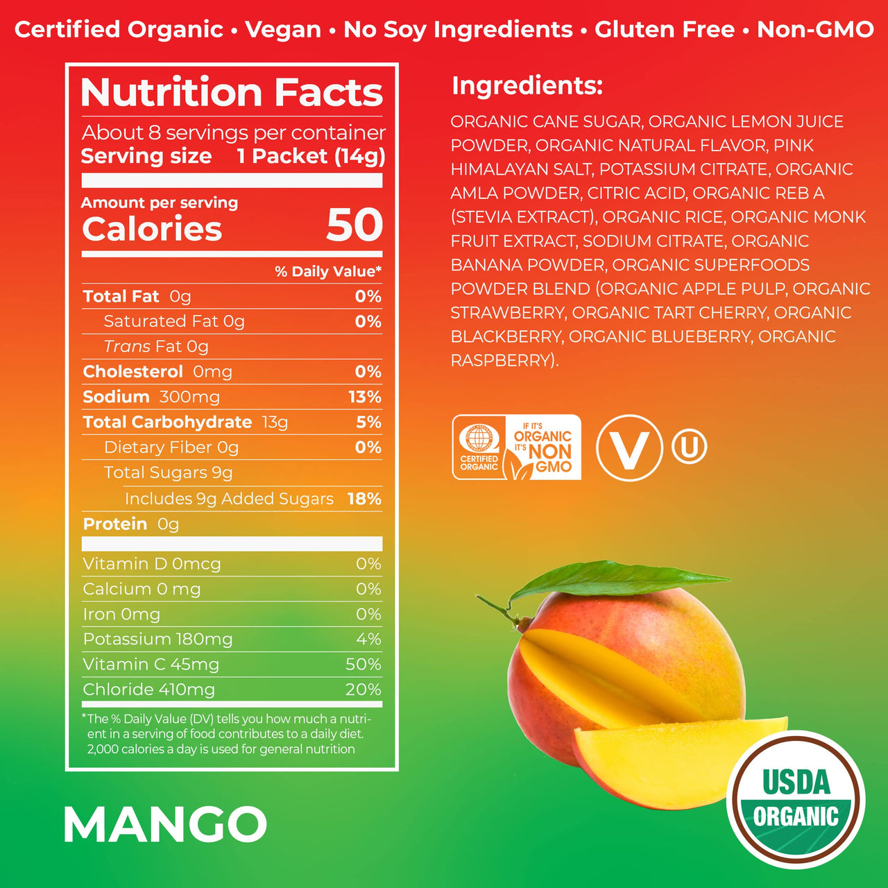Organic Rapid Hydration Packets by Orgain, Mango Hydro Boost - Packed with Electrolytes & Superfoods, Less Sugar, Gluten Free, Vegan, No Soy Ingredients or Artificial Flavors, Non-GMO (Pack of 8)