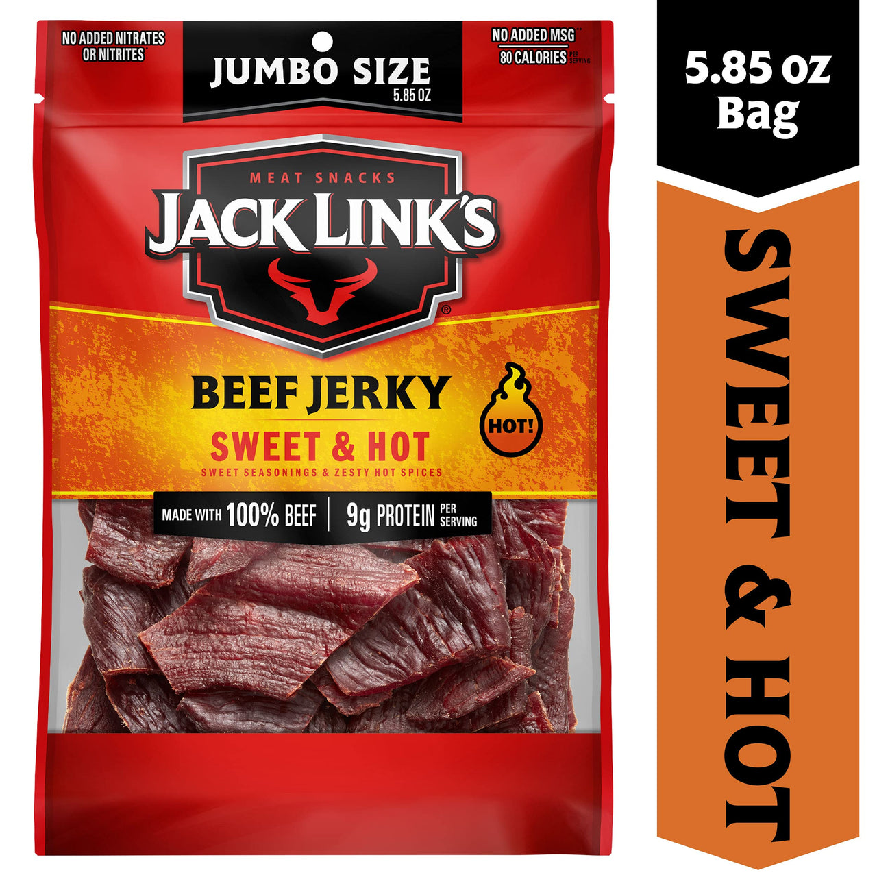Jack Link's  Beef Jerky, Sweet & Hot, Spicy Meat Snack  9g of Protein & 80 Calories, Made with Premium Beef, No added MSG** or Nitrates/Nitrites, 5.85 oz