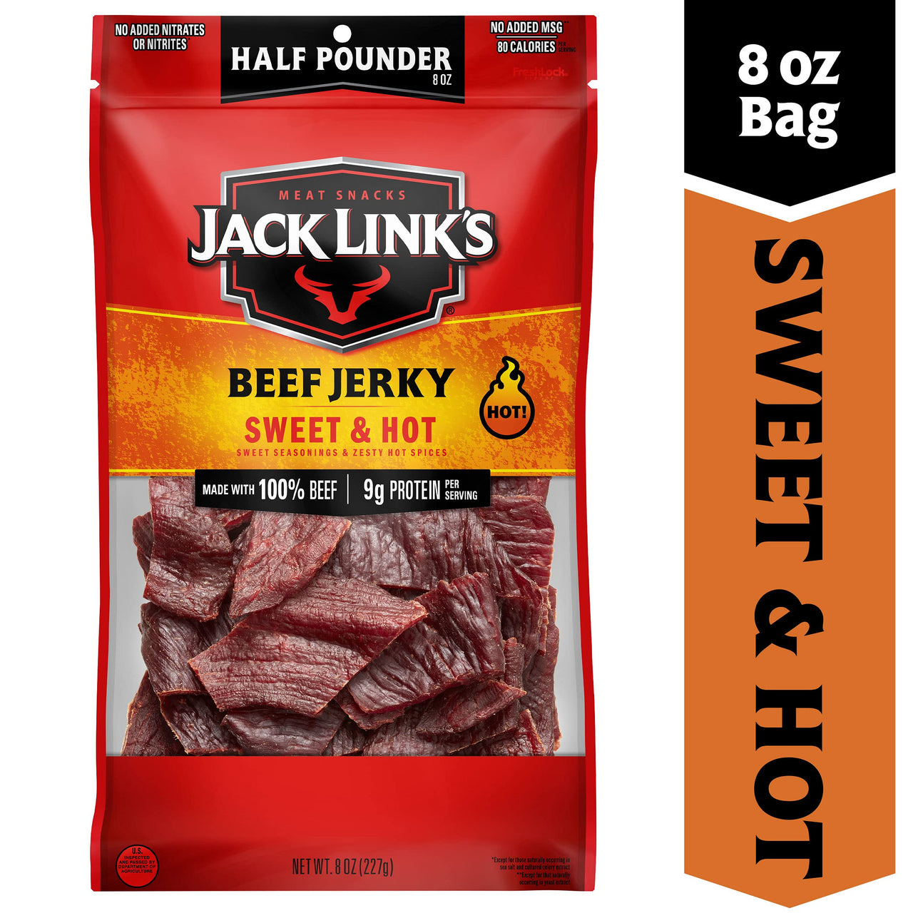 Jack Link's  Beef Jerky, Sweet & Hot,  Pounder Bag - Flavorful Meat Snack, 9g of Protein and 80 Calories, Made with Premium Beef - 96 Percent Fat Free, No Added MSG or Nitrates/Nitrites
