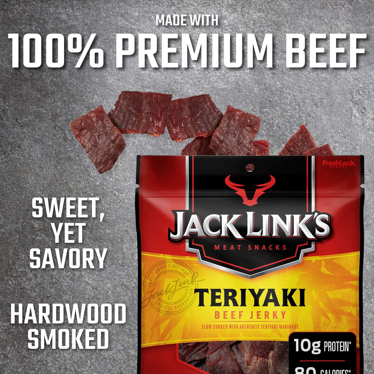 Jack Link's  Beef Jerky, Teriyaki Flavor, 2.85 Oz - Flavorful Meat Snack, 10g Of Protein And 80 Calories, Made With Premium Beef - 95 Percent Fat Free, No Added MSG Or Nitrates/Nitrites