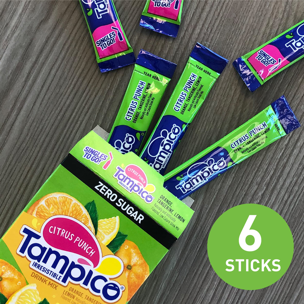 Tampico Singles To Go Drink Mix Packets, Citrus Punch, 6-Count Box  Zero Sugar, Low Calorie Powdered Drink Packets, 100% DV of Vitamin C per Serving, Convenient, On-The-Go Water Enhancers