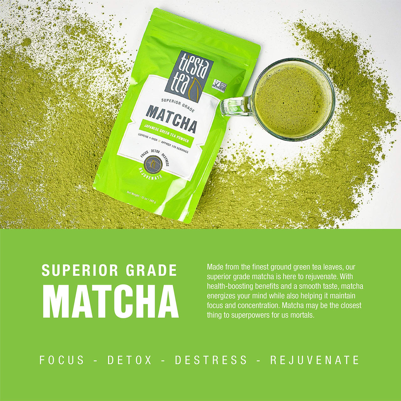 Tiesta Tea - Superior Matcha, Matcha Powder Green Tea, High Caffeine, Hot & Iced Tea, 12 oz Bulk Bag - 170 Cups, Superior Grade Japanese Matcha Powder for Matcha Latte, Weight Loss & Detox Support