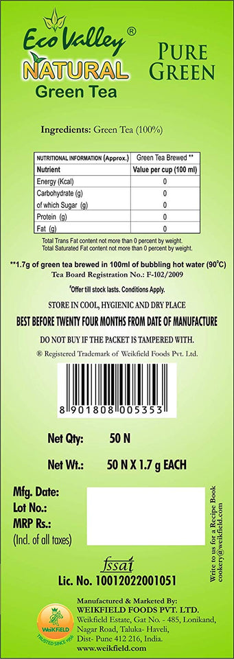 Eco Valley Natural Green Tea, Pure Green, 50 Tea Bags (Buy 2 @ 50% Off)