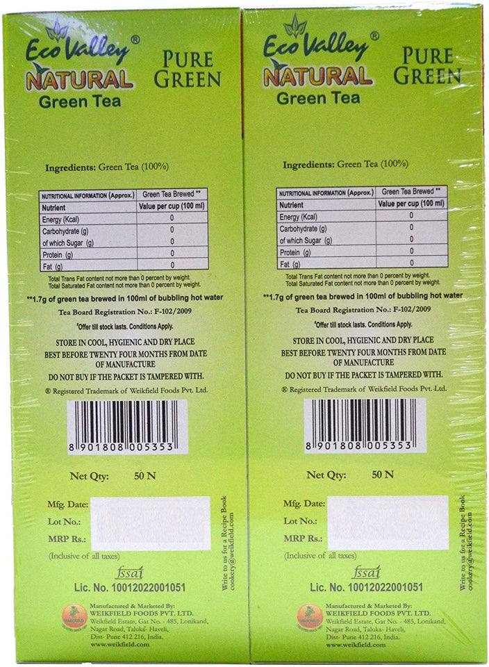 Eco Valley Natural Green Tea, Pure Green, 50 Tea Bags (Buy 2 @ 50% Off)