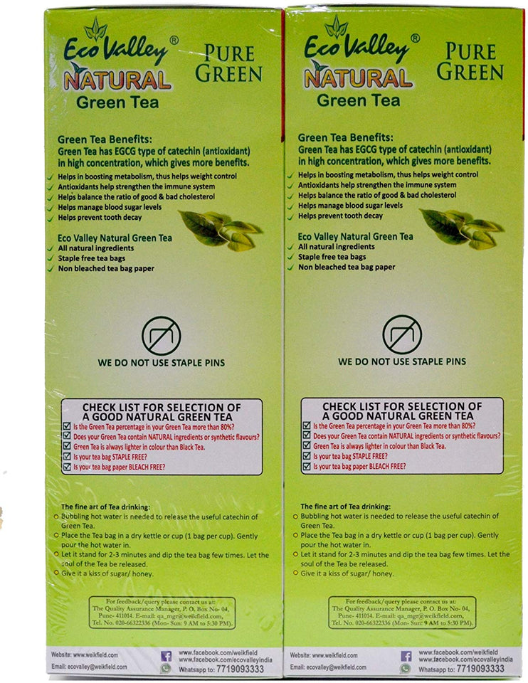 Eco Valley Natural Green Tea, Pure Green, 50 Tea Bags (Buy 2 @ 50% Off)