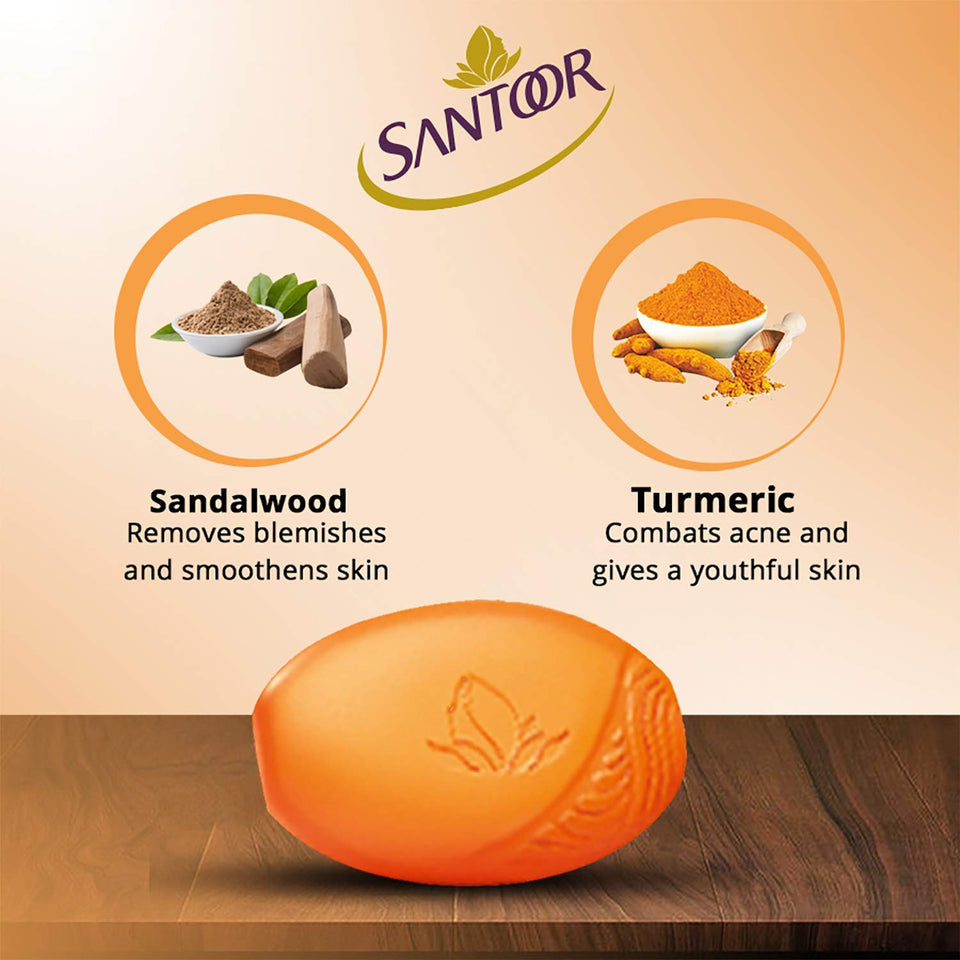 Santoor Sandal and Turmeric Soap (Pack of 4 soaps 125g each)