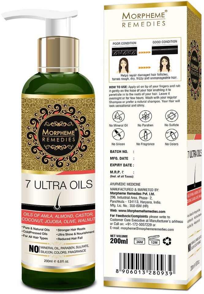 Morpheme Remedies 7 Ultra Hair Oil (Almond, Castor, Jojoba, Coconut, Olive, Walnut, Amla Oils), 200 ml