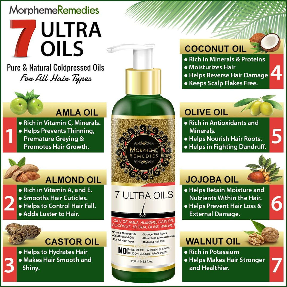 Morpheme Remedies 7 Ultra Hair Oil (Almond, Castor, Jojoba, Coconut, Olive, Walnut, Amla Oils), 200 ml