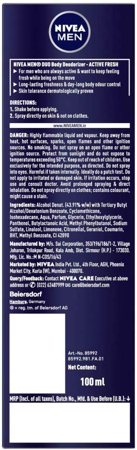 Nivea Men Duo Body Deodorizers, Active Fresh, Gas Free Deodorant100ml